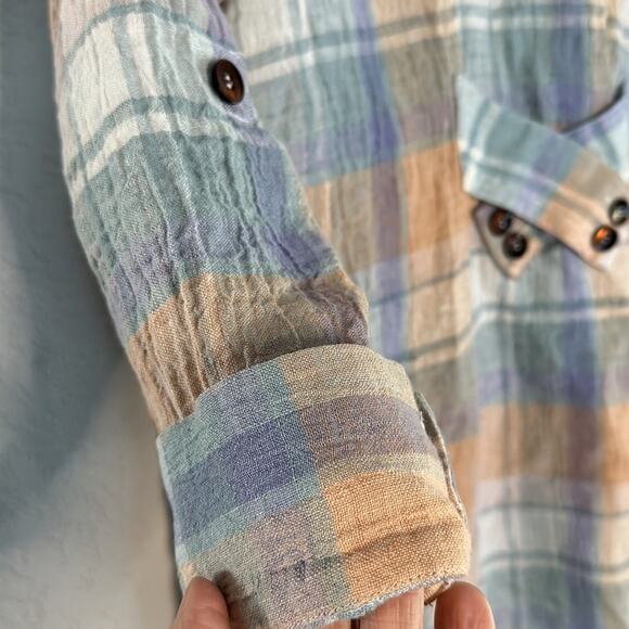 Soft Surroundings Linen Plaid Button Up Shirt Blue Pastel Gauzy Rainbow Fall - Picture 7 of 7